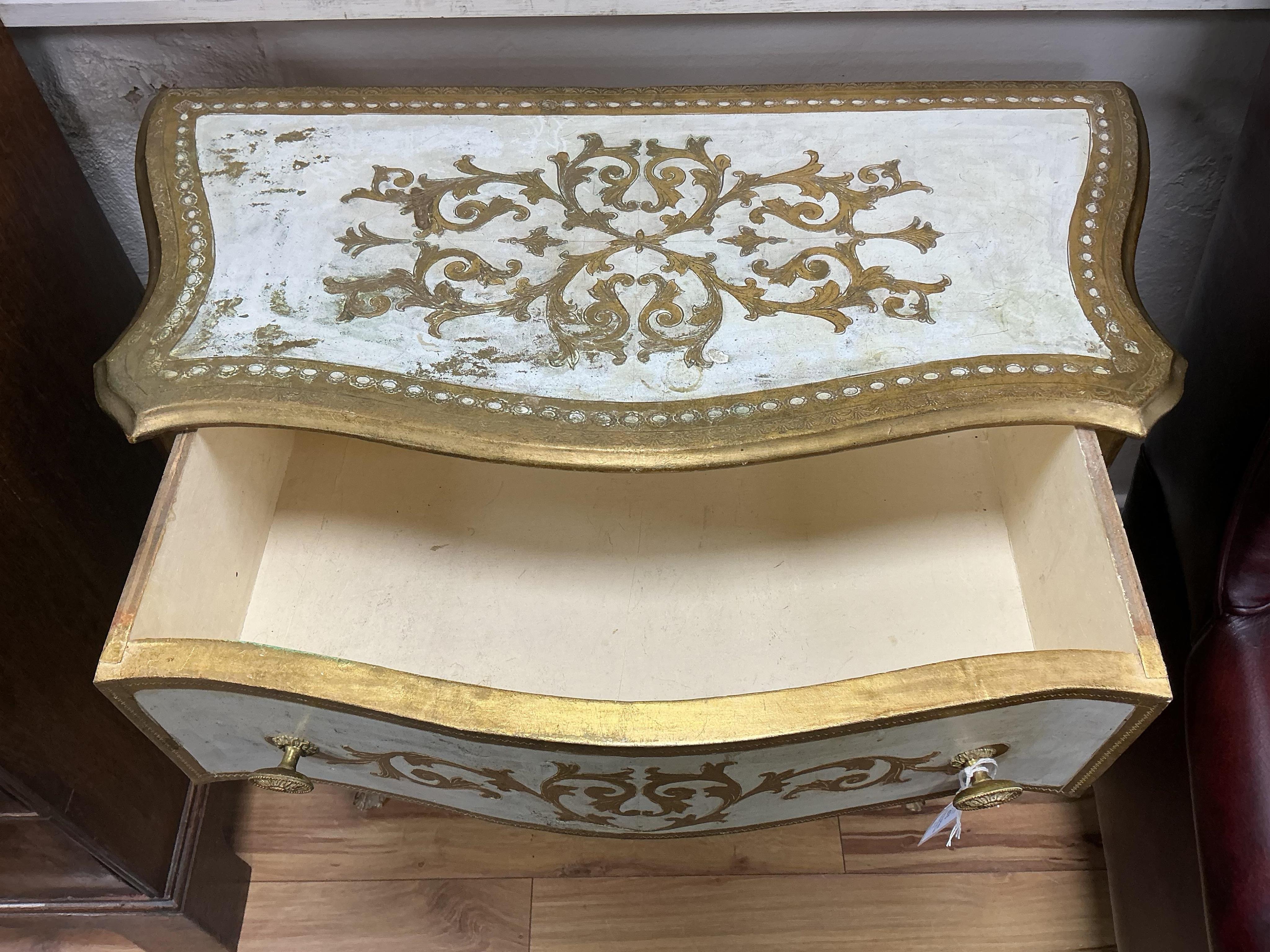 A pair of Northern Italian parcelgilt serpentine three drawer bedside chests, width 69cm, depth 38cm, height 78cm